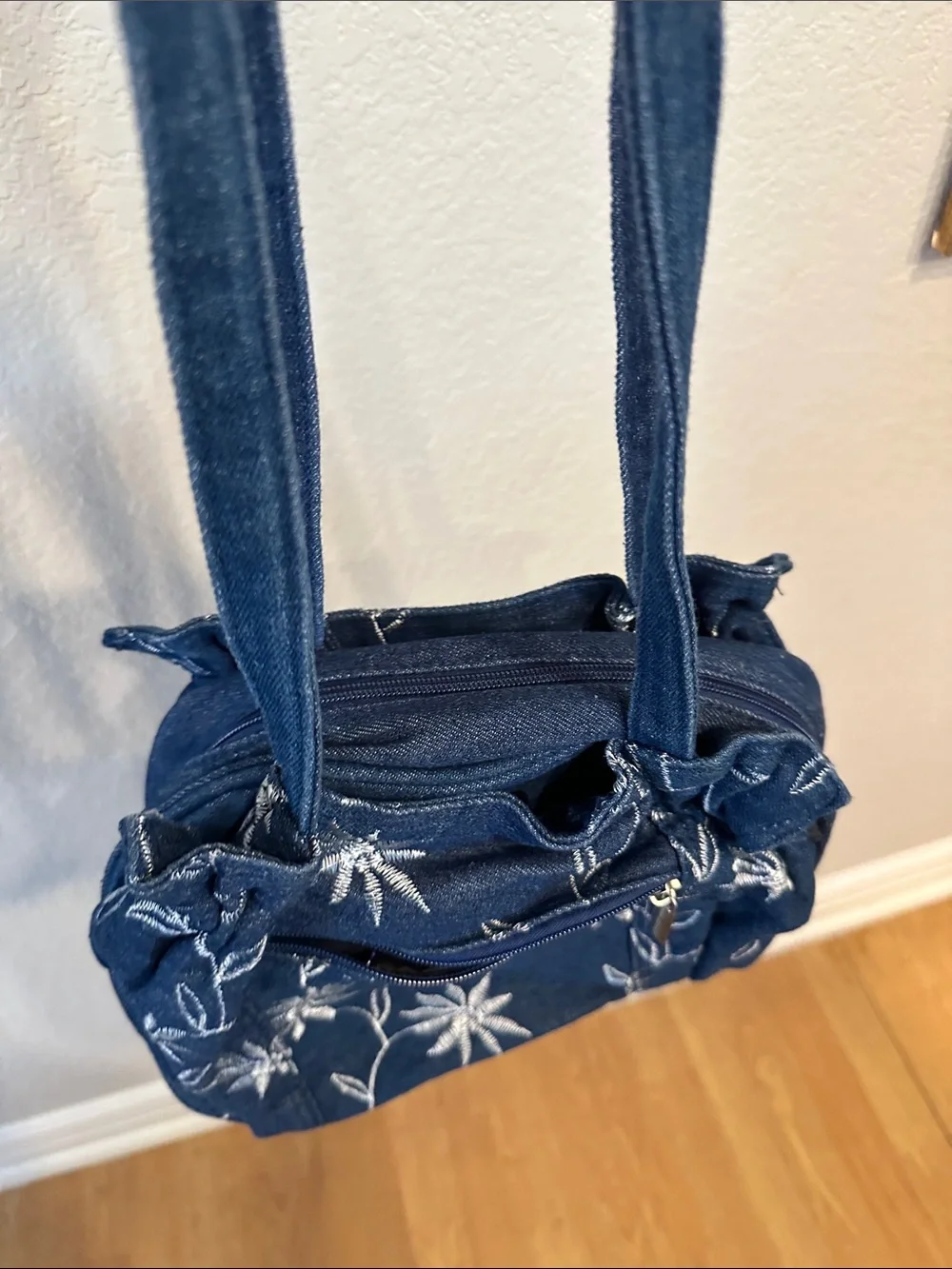 Denim Floral Embroidered Shoulder Bag - Navy